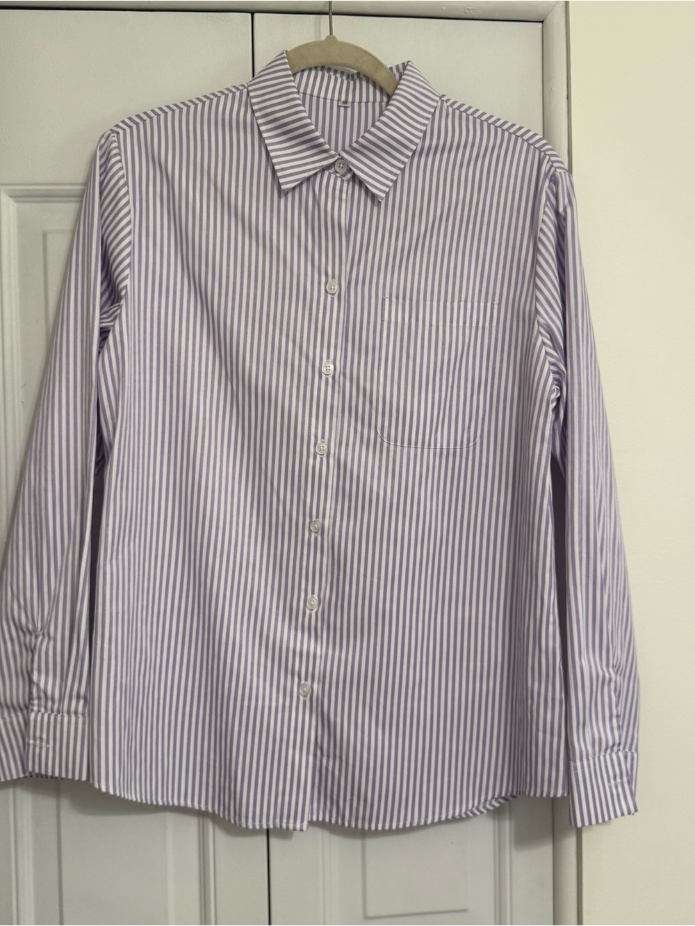 Amazon Women's Lavender and White Striped Button-Down Shirt